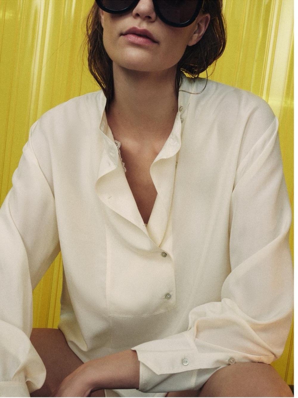 Zara Cream Button-Front Long Sleeve Shirt